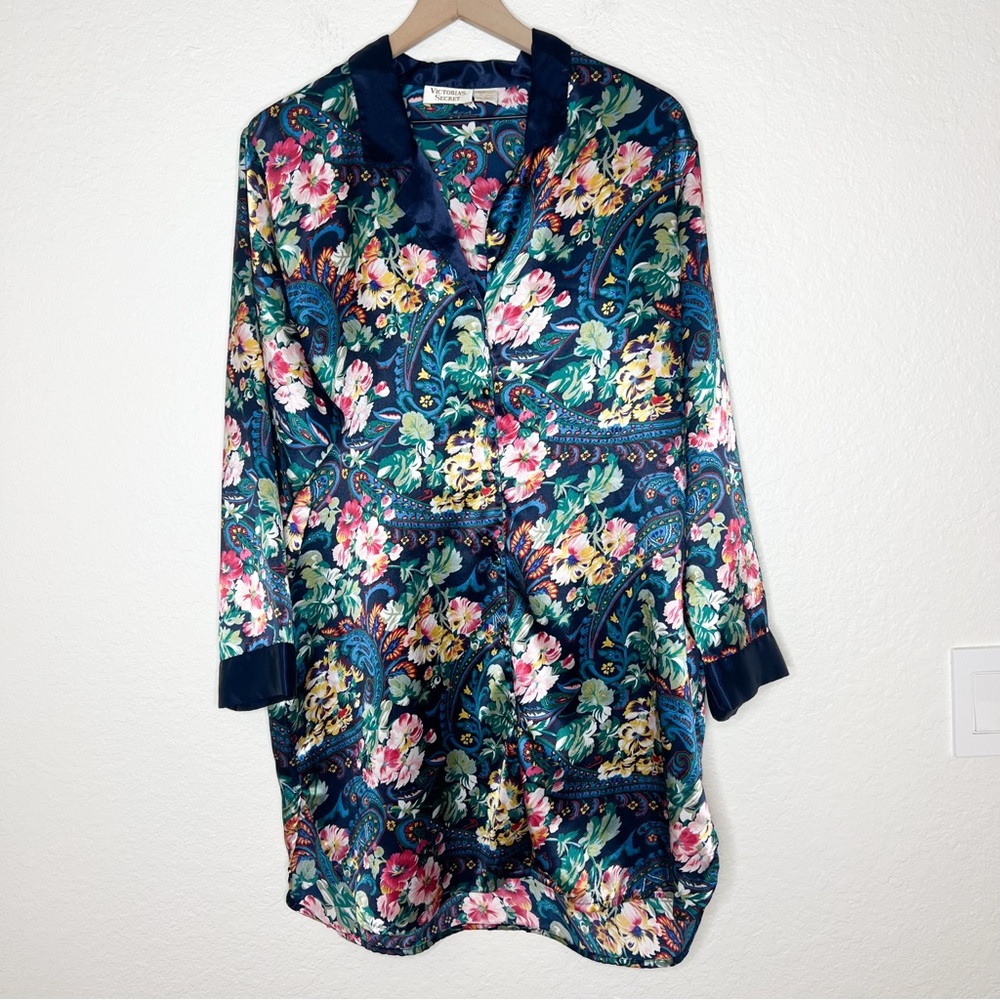 Vintage Victoria Secret Gold Label Satin Paisley Floral Sleep Shirt size Small